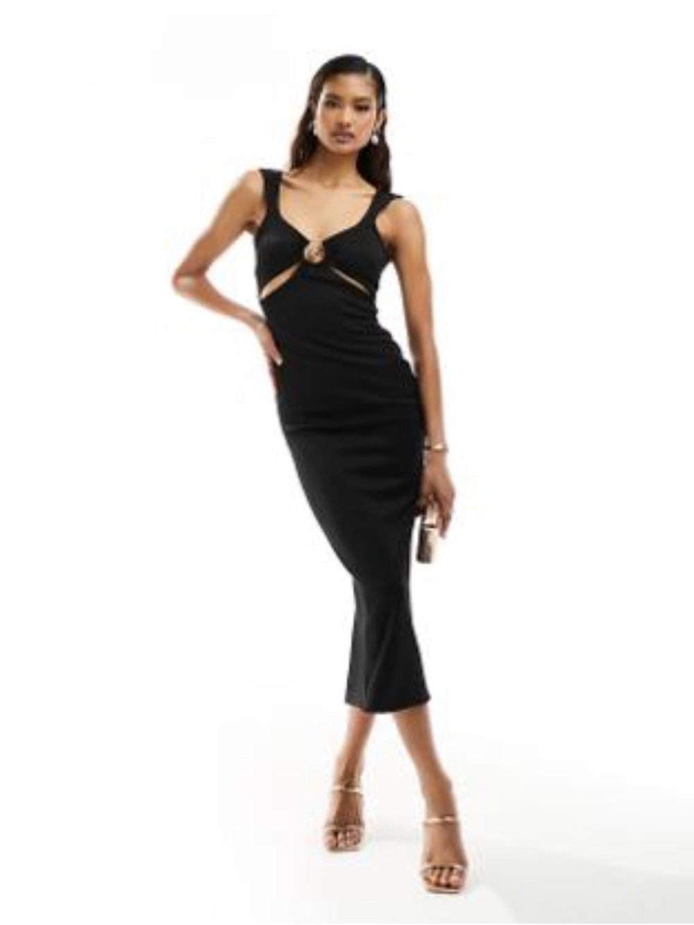 ASOS DESIGN square neck cami midi dress with gold trim detail & split in black
